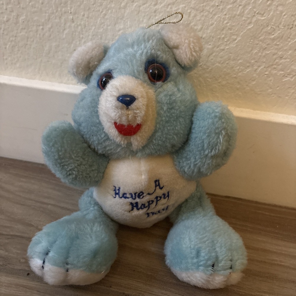 Vintage Fun World Blue Have A Happy Day Plush Stuffed Animal Bear 9.5 Inch